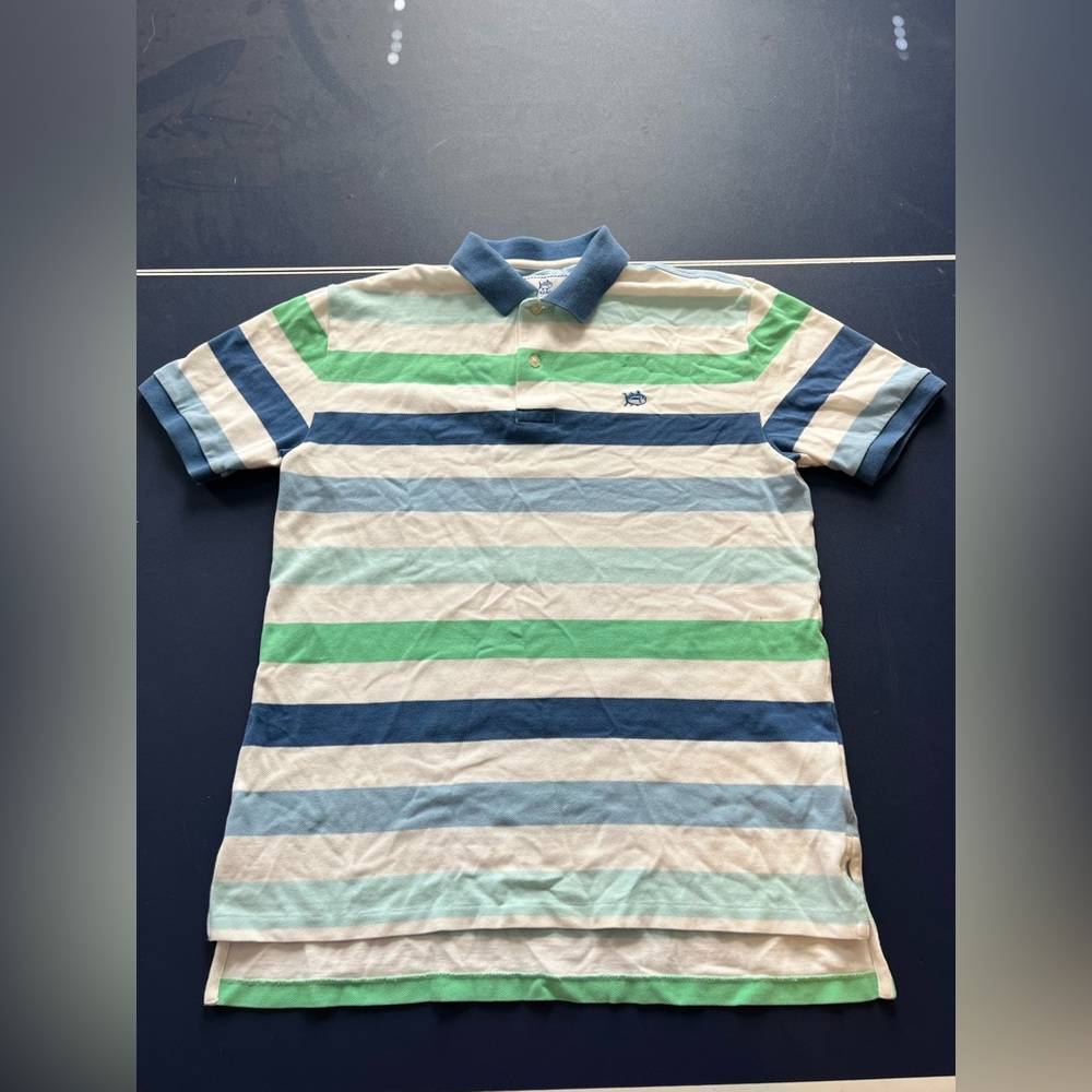 Men's Blue & Green Striped Polo Shirt